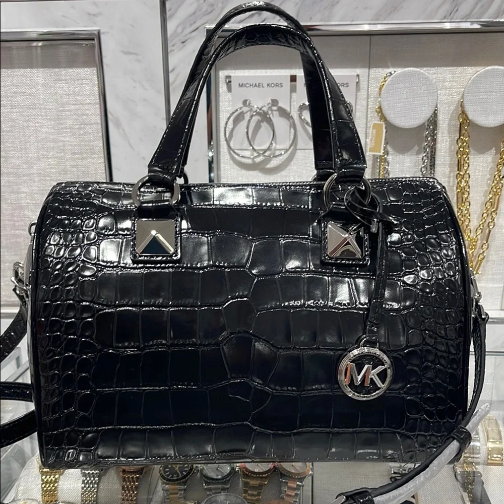 Michael Kors Grayson Medium Crocodile Embossed Leather Satchel Black  NWT